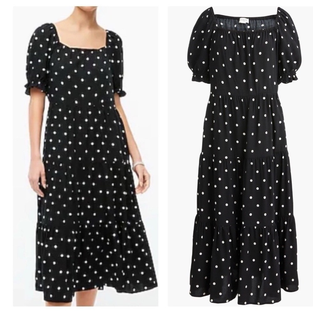 J.Crew Polka Dot Tiered Midi Dress M Black & White Puff Sleeves Pockets Romantic